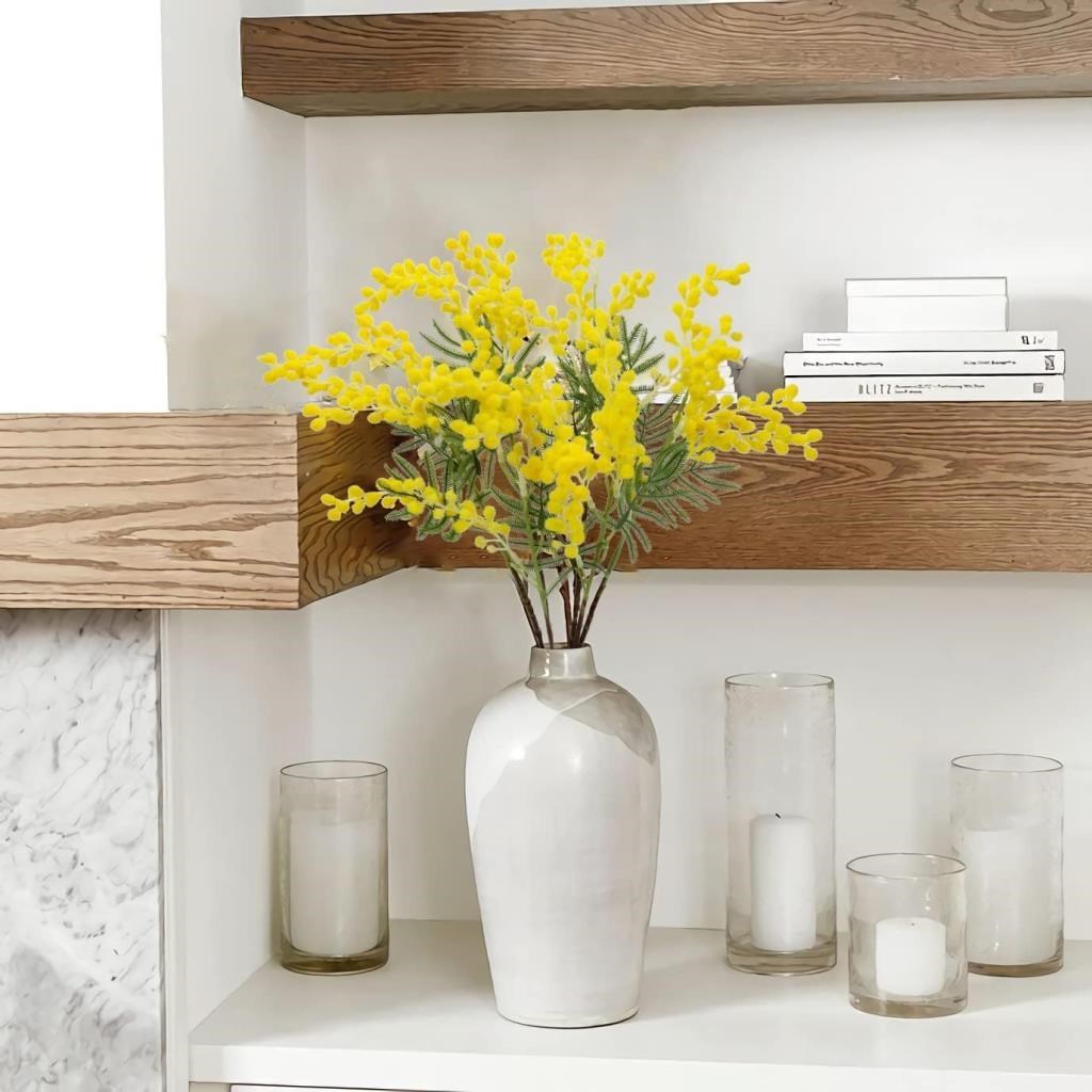 Yapay Çiçek Sarı Mimoza Demeti 5 Dallı 38cm Mimosa Yapay Bitki 