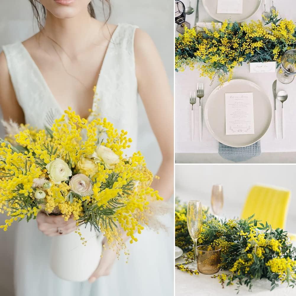 Yapay Çiçek Sarı Mimoza Demeti 5 Dallı 38cm Mimosa Yapay Bitki 