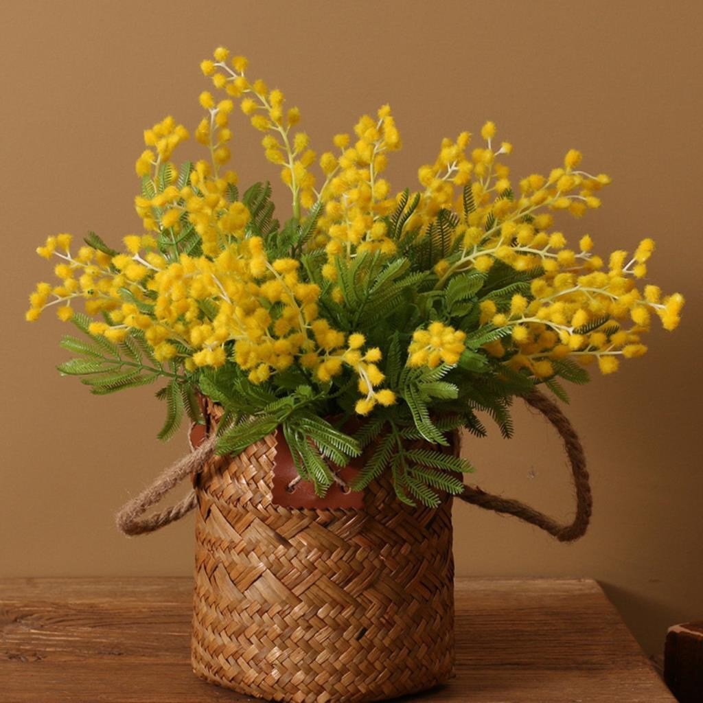 Yapay Çiçek Sarı Mimoza Demeti 5 Dallı 38cm Mimosa Yapay Bitki 