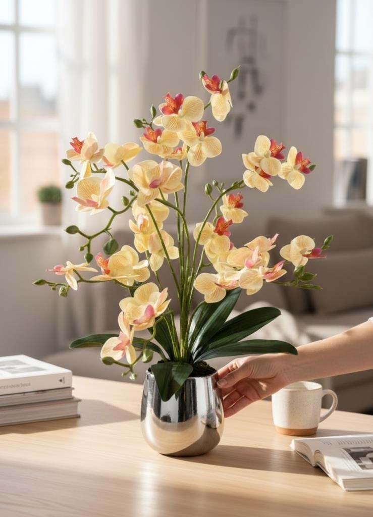 Yapay Çiçek Sarı Pembe 9 Dallı Islak Orkide Gümüş Metal Saksıda Saksıda Orkide 60cm