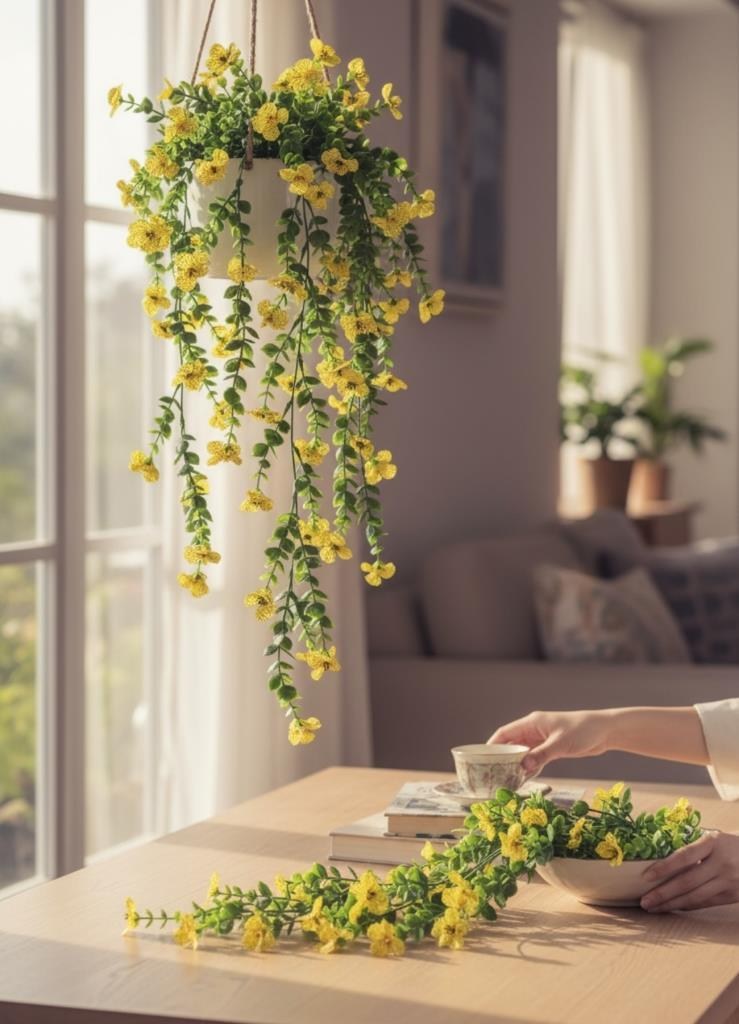 Yapay Çiçek Sarı Sarkan Mineli Okaliptus Şimşir Yapay Sarmaşık 5dal 60cm