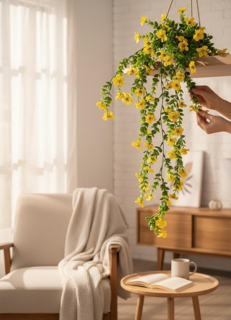 Yapay Çiçek Sarı Sarkan Mineli Okaliptus Şimşir Yapay Sarmaşık 5dal 60cm