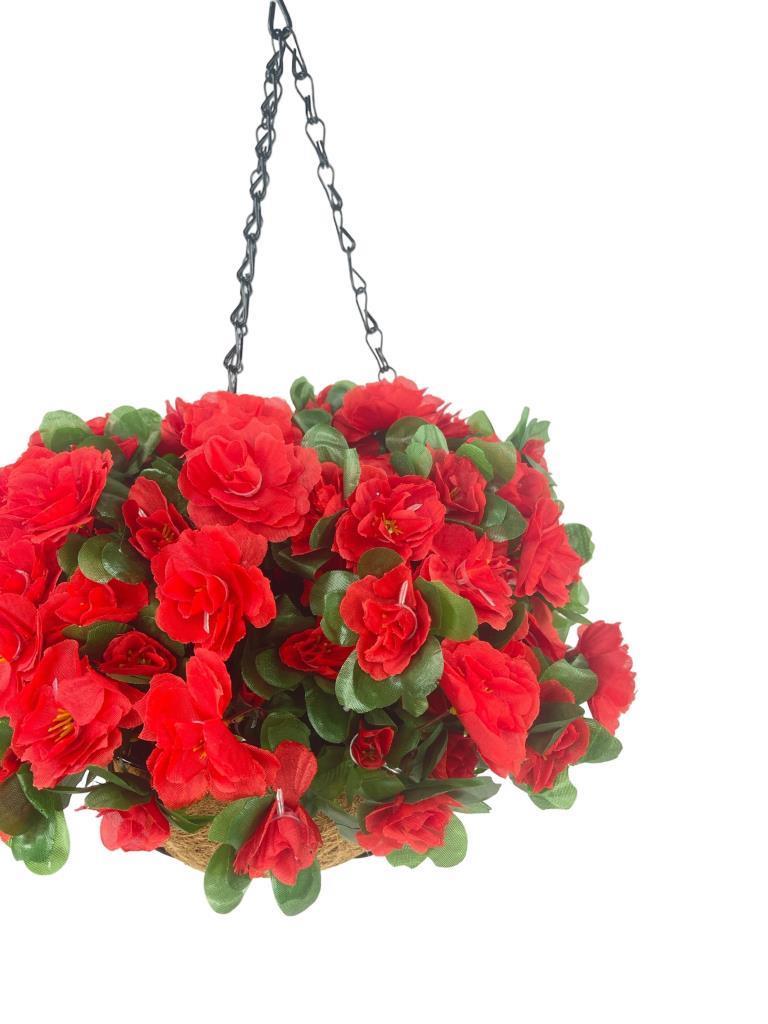 Yapay Çiçek Sarkaç Askılı Makreme Sepette Açelya Kırmızı Çiçek Sepeti