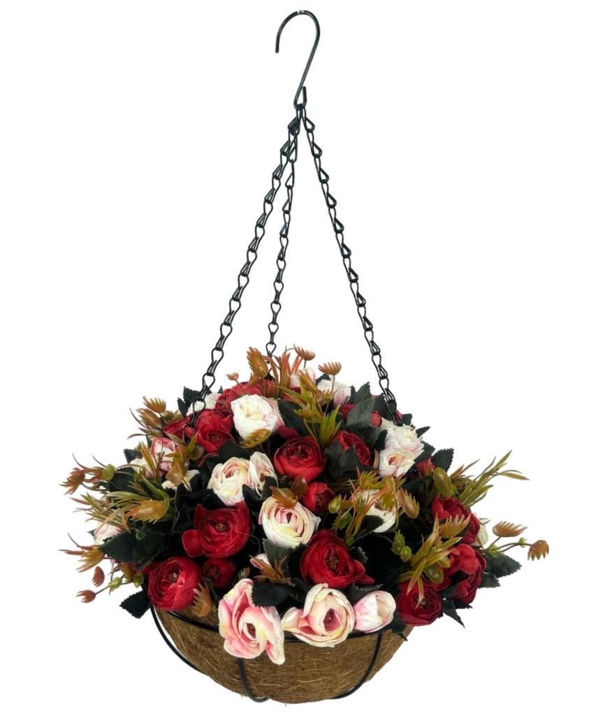 Yapay Çiçek Sarkaç Askılı Makreme Sepette Erengül Kırmızılı Çiçek Sepeti