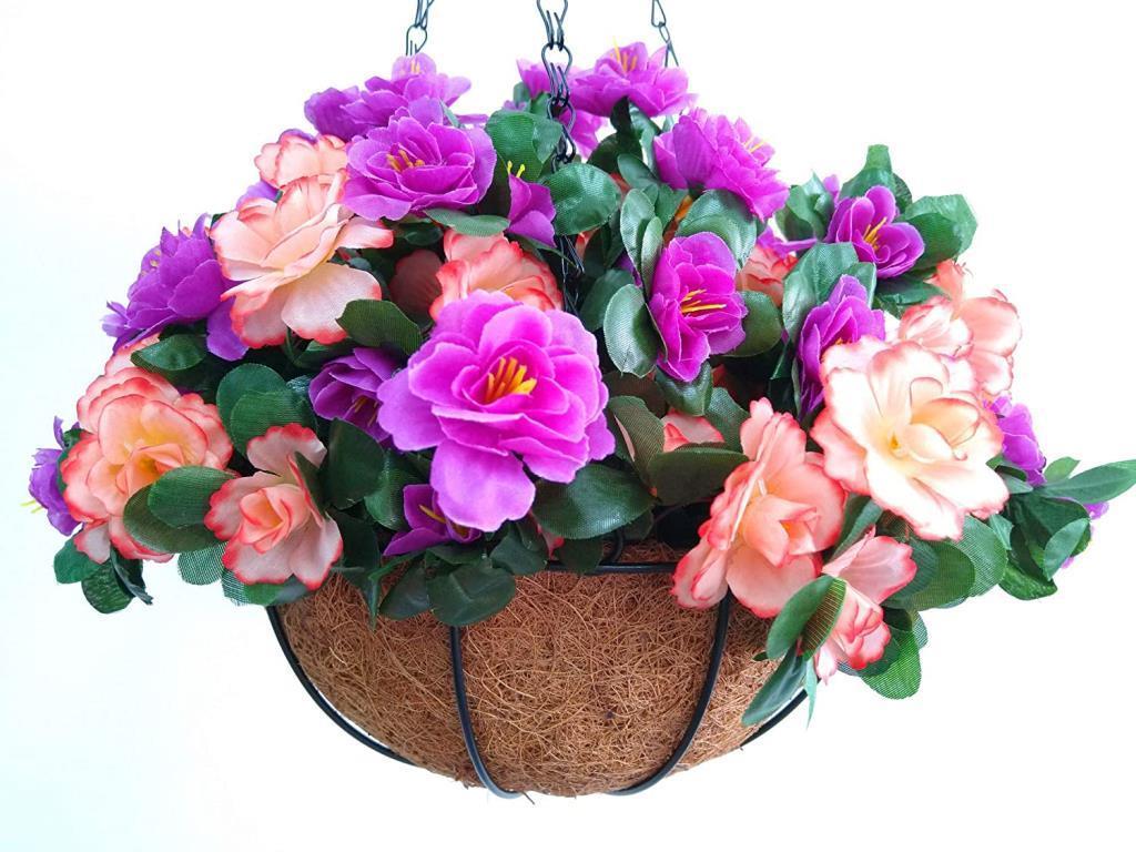 Yapay Çiçek Sarkaç Askılı Makreme Sepette Açelya Mor Pembe Çiçek Sepeti