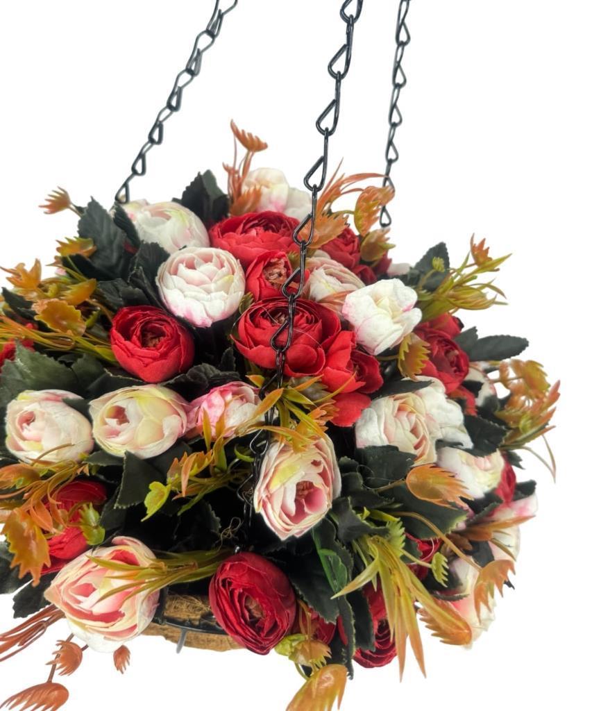 Yapay Çiçek Sarkaç Askılı Makreme Sepette Erengül Kırmızılı Çiçek Sepeti