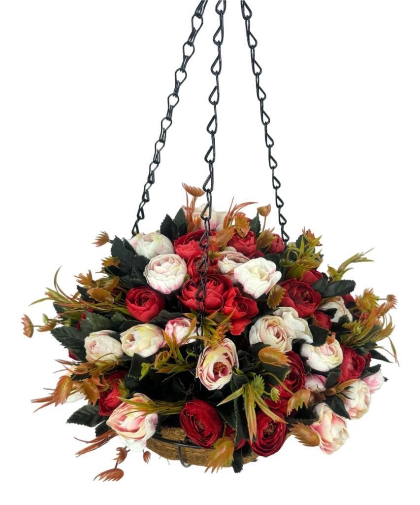 Yapay Çiçek Sarkaç Askılı Makreme Sepette Erengül Kırmızılı Çiçek Sepeti