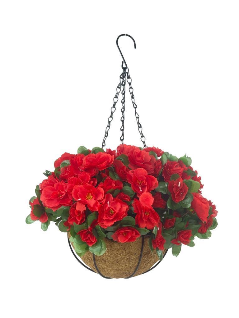 Yapay Çiçek Sarkaç Askılı Makreme Sepette Açelya Kırmızı Çiçek Sepeti