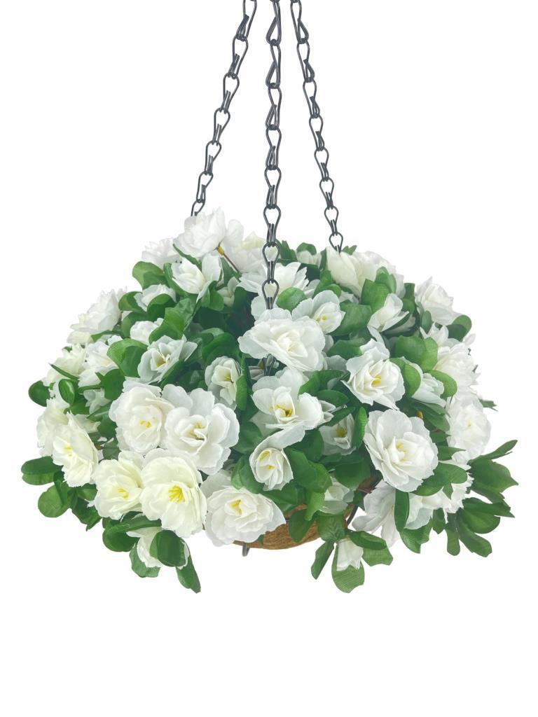 Yapay Çiçek Sarkaç Askılı Makreme Sepette Açelya Beyaz Çiçek Sepeti