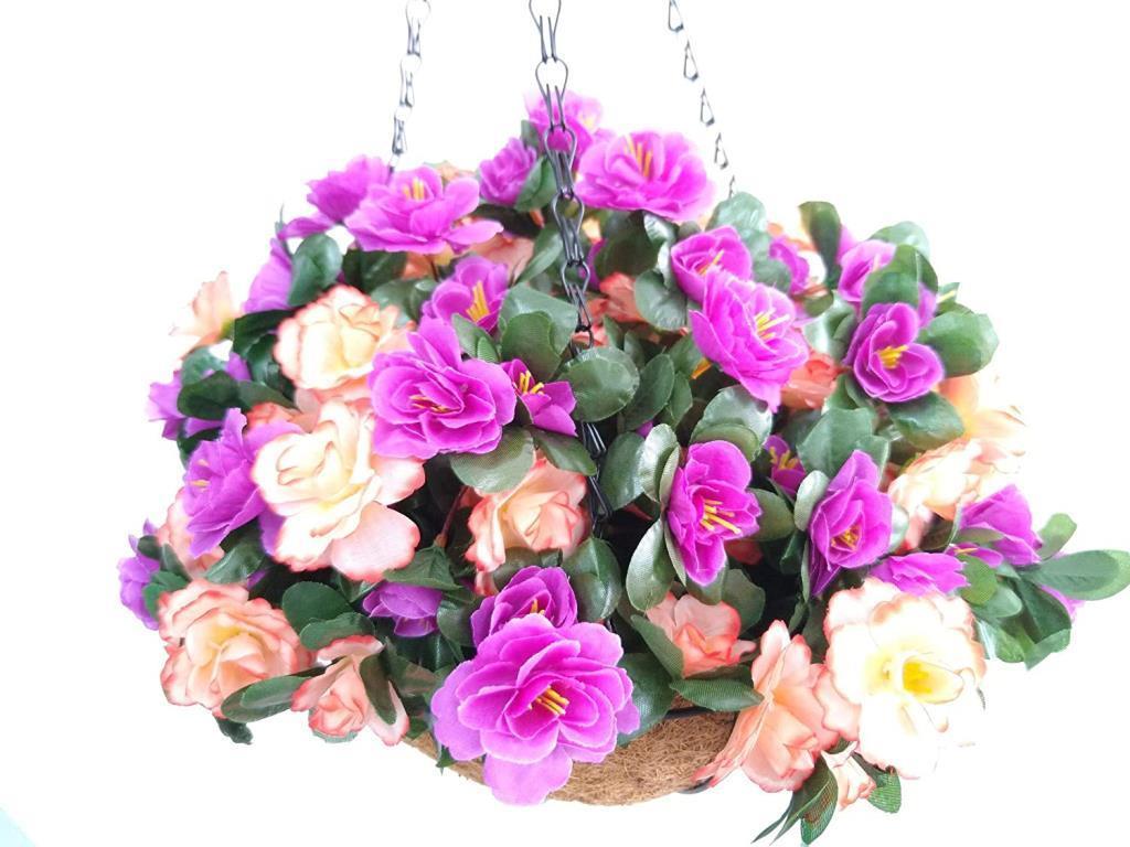 Yapay Çiçek Sarkaç Askılı Makreme Sepette Açelya Mor Pembe Çiçek Sepeti