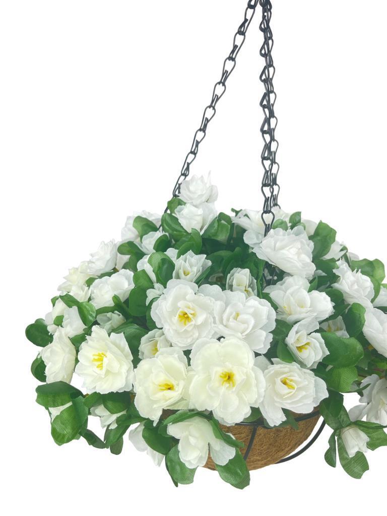 Yapay Çiçek Sarkaç Askılı Makreme Sepette Açelya Beyaz Çiçek Sepeti