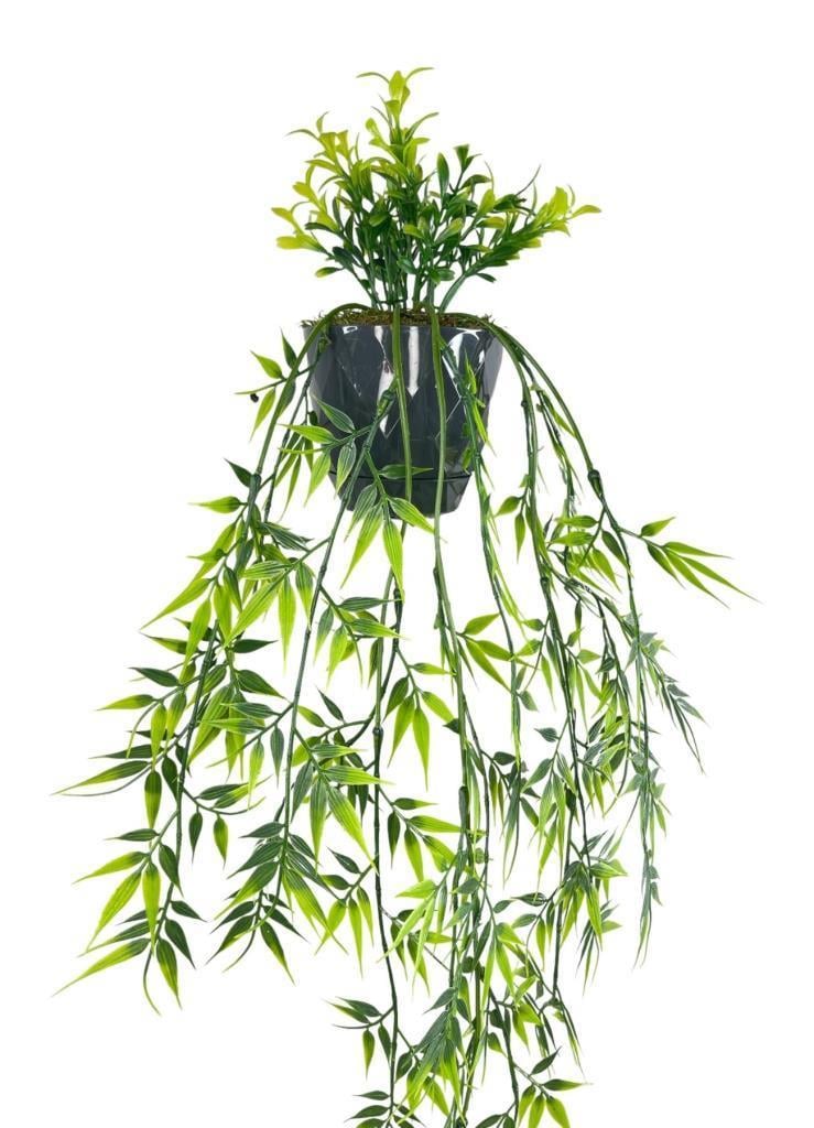 Yapay Çiçek Sarkan Bambu Yapraklı Bitki Küçük Siyah Saksıda Yapay Sarmaşık 65cm