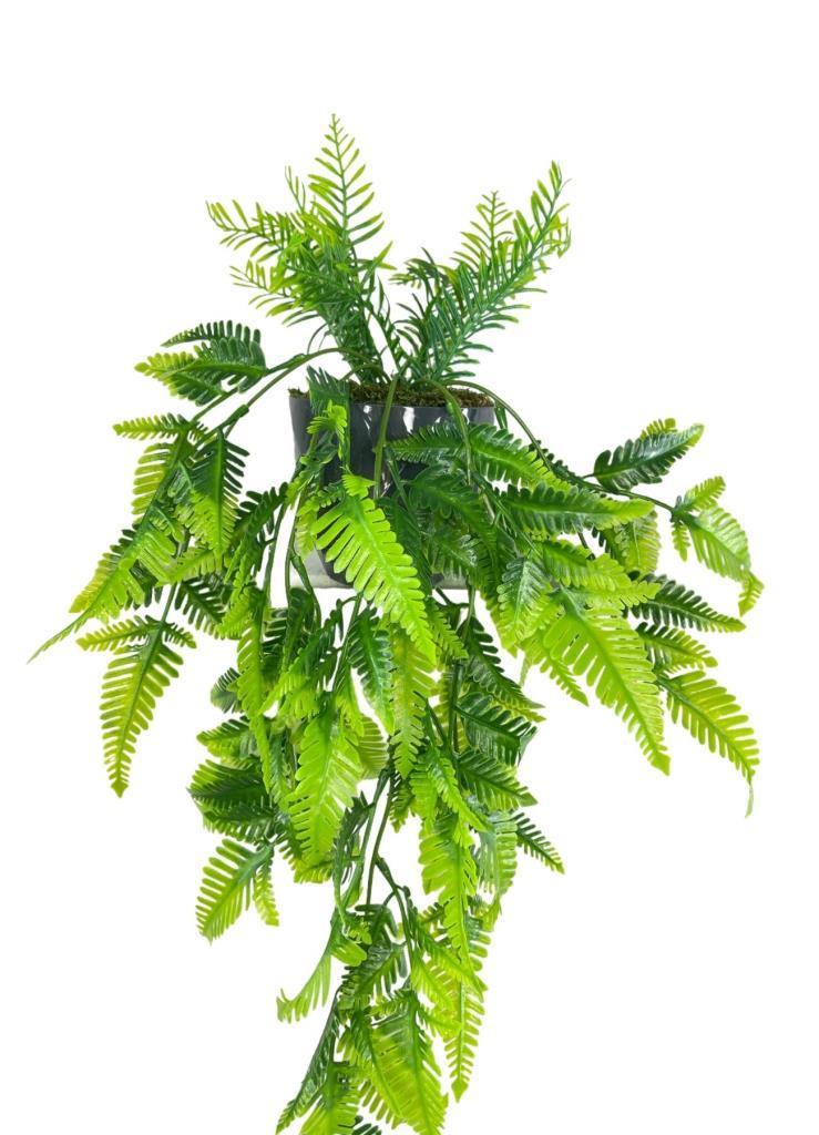 Yapay Çiçek Sarkan Boston Fern Yapraklı Bitki Küçük Siyah Saksıda Yapay Sarmaşık 55cm