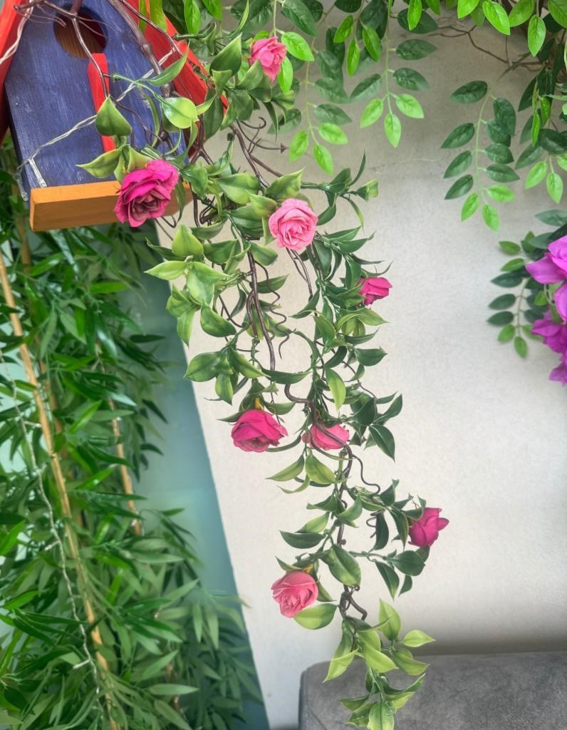 Yapay Çiçek Sarkan Doğal Dallı Mor Yaban Gülü 70cm Yapay Sarmaşık Yeşil 