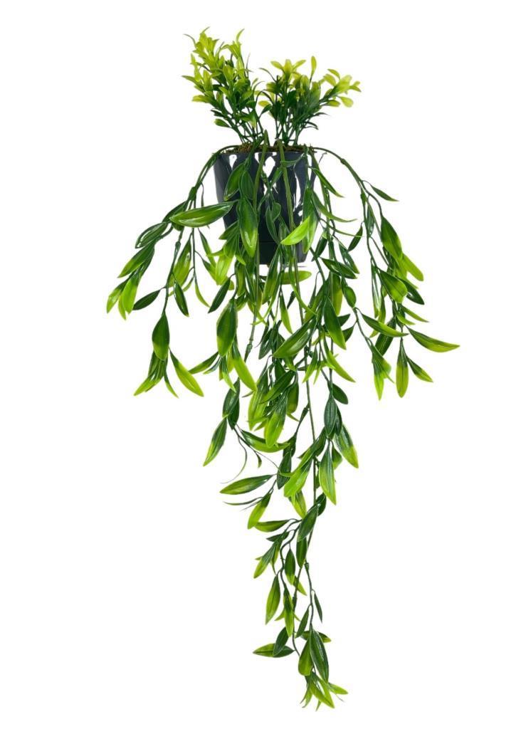 Yapay Çiçek Sarkan Fesleğen Yapraklı Bitki Küçük Siyah Saksıda Yapay Sarmaşık 55cm