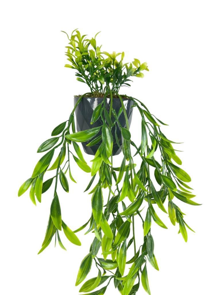Yapay Çiçek Sarkan Fesleğen Yapraklı Bitki Küçük Siyah Saksıda Yapay Sarmaşık 55cm