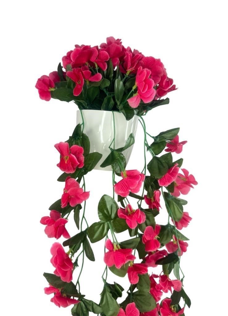 Yapay Çiçek Sarkan Fuşya Menekşe Krem Rengi Saksıda 4 Sarkan Dallı 70cm 