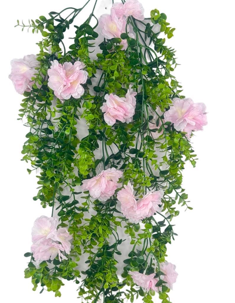 Yapay Çiçek Sarkan Pembe Çiçekli Şimşir Okaliptus Yapay Sarmaşık