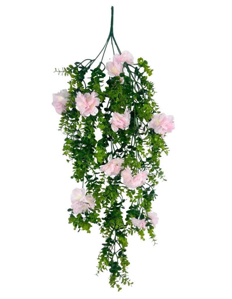 Yapay Çiçek Sarkan Pembe Çiçekli Şimşir Okaliptus Yapay Sarmaşık