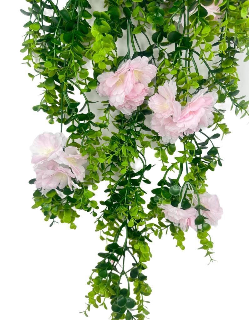 Yapay Çiçek Sarkan Pembe Çiçekli Şimşir Okaliptus Yapay Sarmaşık