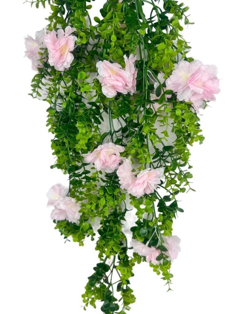 Yapay Çiçek Sarkan Pembe Çiçekli Şimşir Okaliptus Yapay Sarmaşık