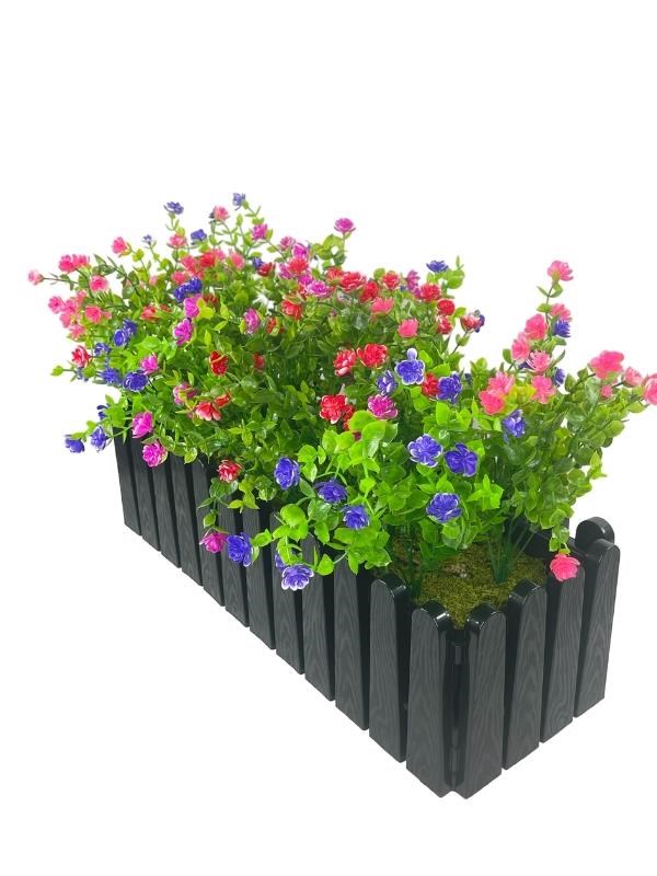 Yapay Çiçek Siyah Çit Balkon Saksısı Renkli Mineli Şimşir Çiçekli 55*35cm