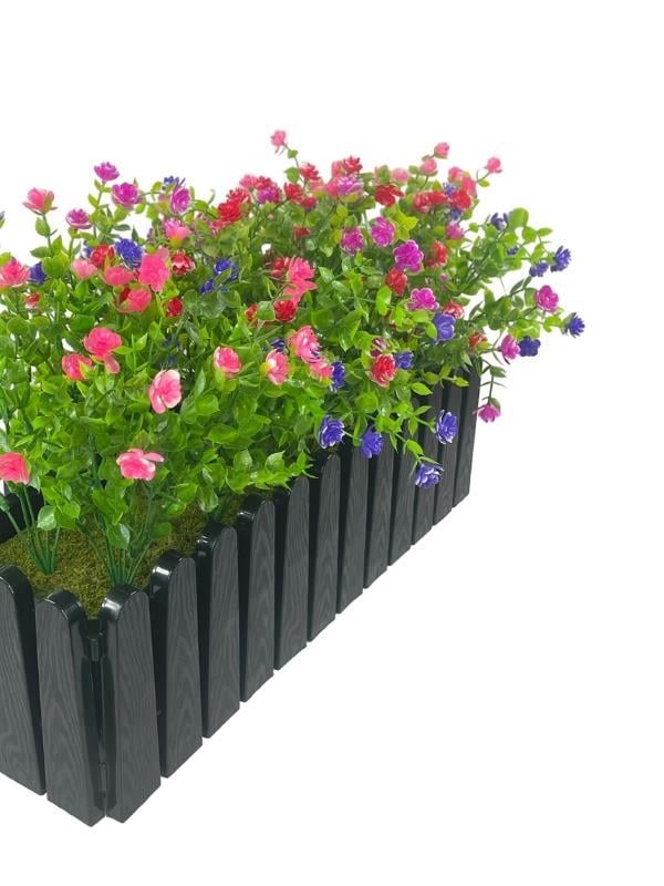 Yapay Çiçek Siyah Çit Balkon Saksısı Renkli Mineli Şimşir Çiçekli 55*35cm