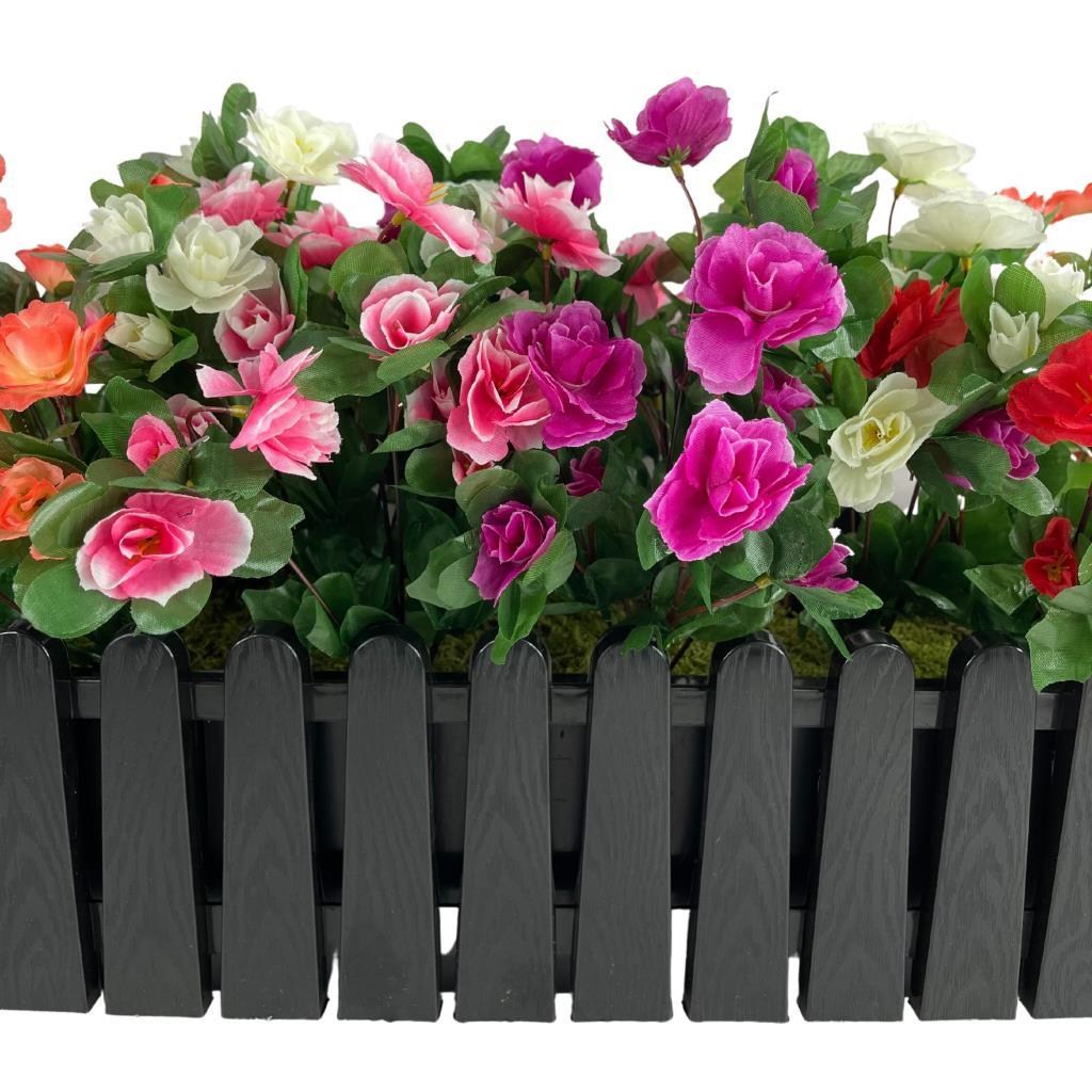 Yapay Çiçek Siyah Çit Balkon Saksısı Renkli Açelya Çiçekli 55*20cm