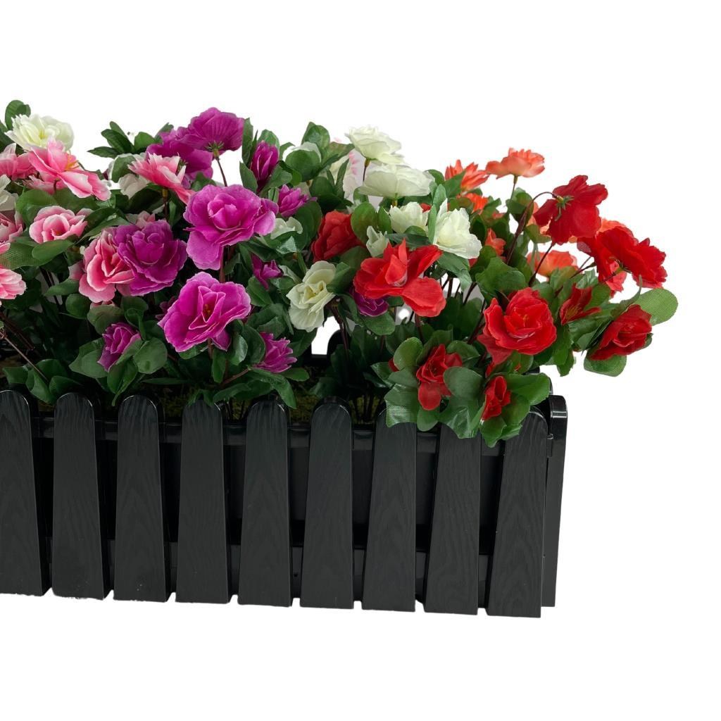 Yapay Çiçek Siyah Çit Balkon Saksısı Renkli Açelya Çiçekli 55*20cm