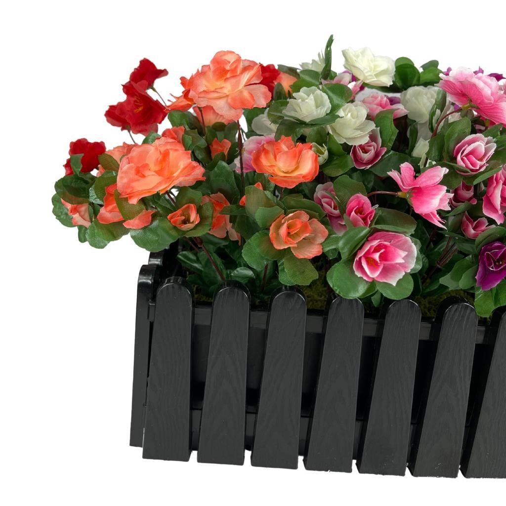 Yapay Çiçek Siyah Çit Balkon Saksısı Renkli Açelya Çiçekli 55*20cm