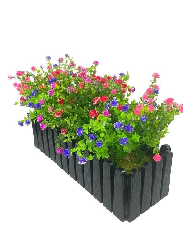 Yapay Çiçek Siyah Çit Balkon Saksısı Renkli Mineli Şimşir Çiçekli 55*35cm