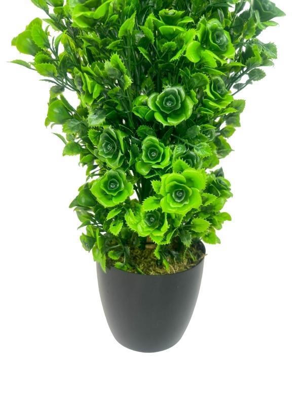 Yapay Çiçek Siyah Saksıda Güllü Yeşil Şimşir Ağacı 55cm