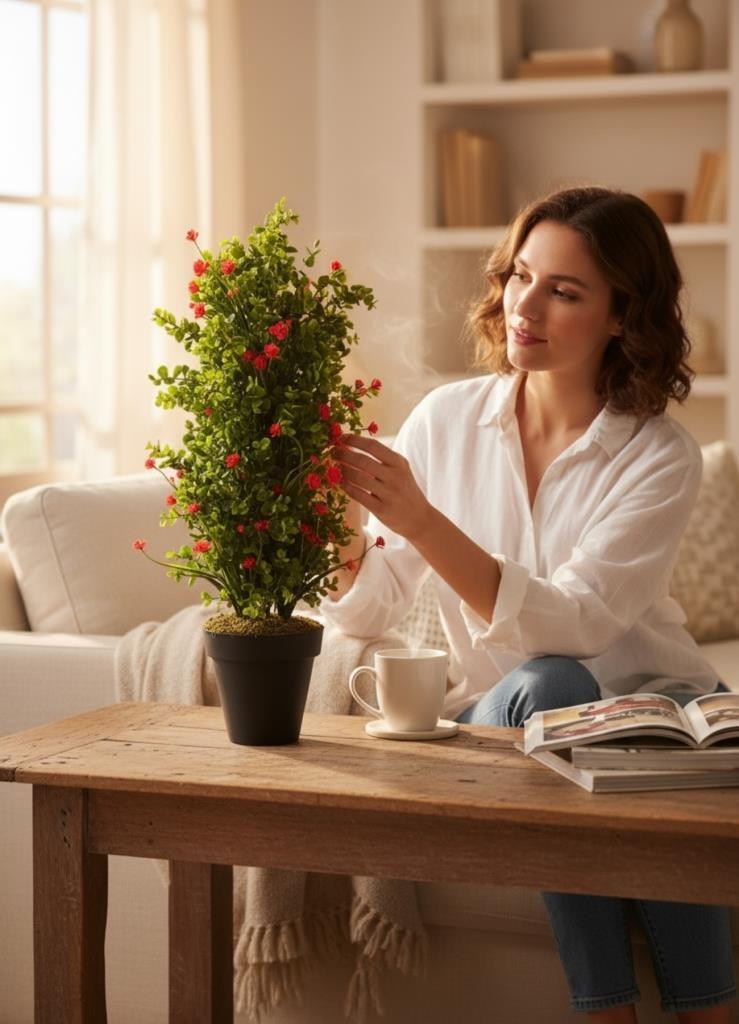 Yapay Çiçek Siyah Saksıda Kırmızı Lotuslu Yeşil Şimşir Ağacı 70*30cm