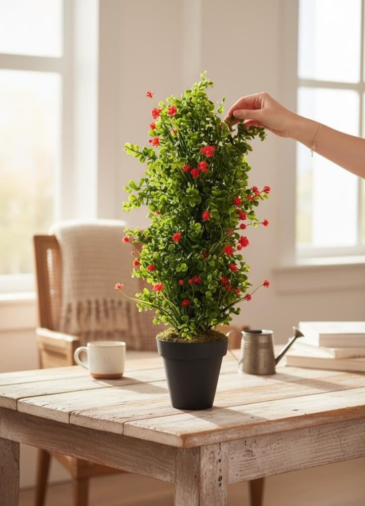 Yapay Çiçek Siyah Saksıda Kırmızı Lotuslu Yeşil Şimşir Ağacı 70*30cm