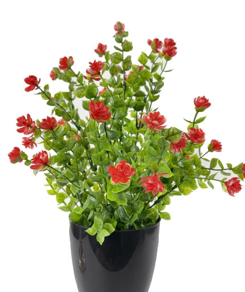 Yapay Çiçek Siyah Saksıda Kırmızı Mineli Şimşir Büyük Boy 33x25 cm