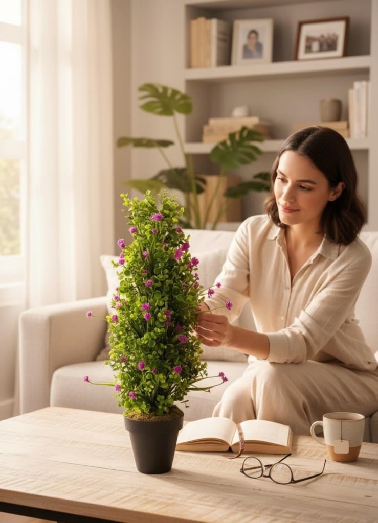 Yapay Çiçek Siyah Saksıda Mor Lotuslu Yeşil Şimşir Ağacı 70*30cm
