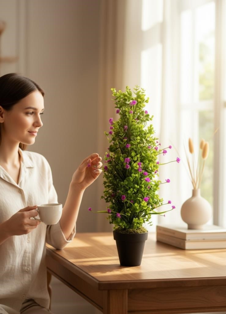 Yapay Çiçek Siyah Saksıda Mor Lotuslu Yeşil Şimşir Ağacı 70*30cm