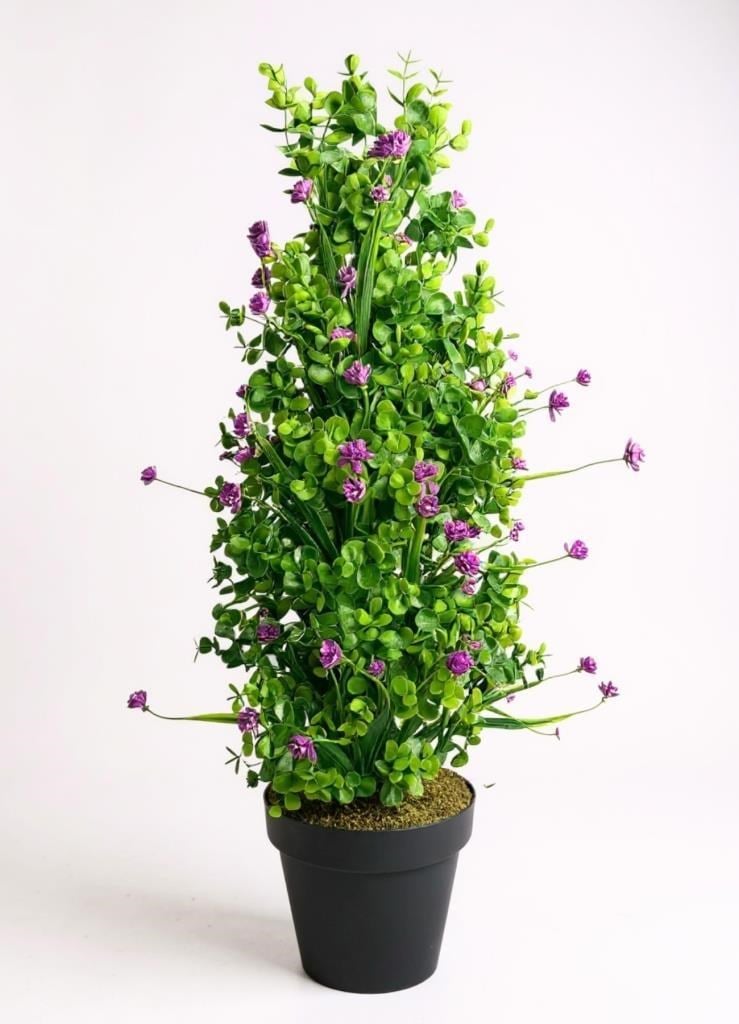 Yapay Çiçek Siyah Saksıda Mor Lotuslu Yeşil Şimşir Ağacı 70*30cm
