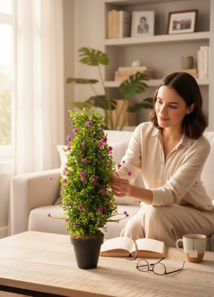 Yapay Çiçek Siyah Saksıda Mor Lotuslu Yeşil Şimşir Ağacı 70*30cm