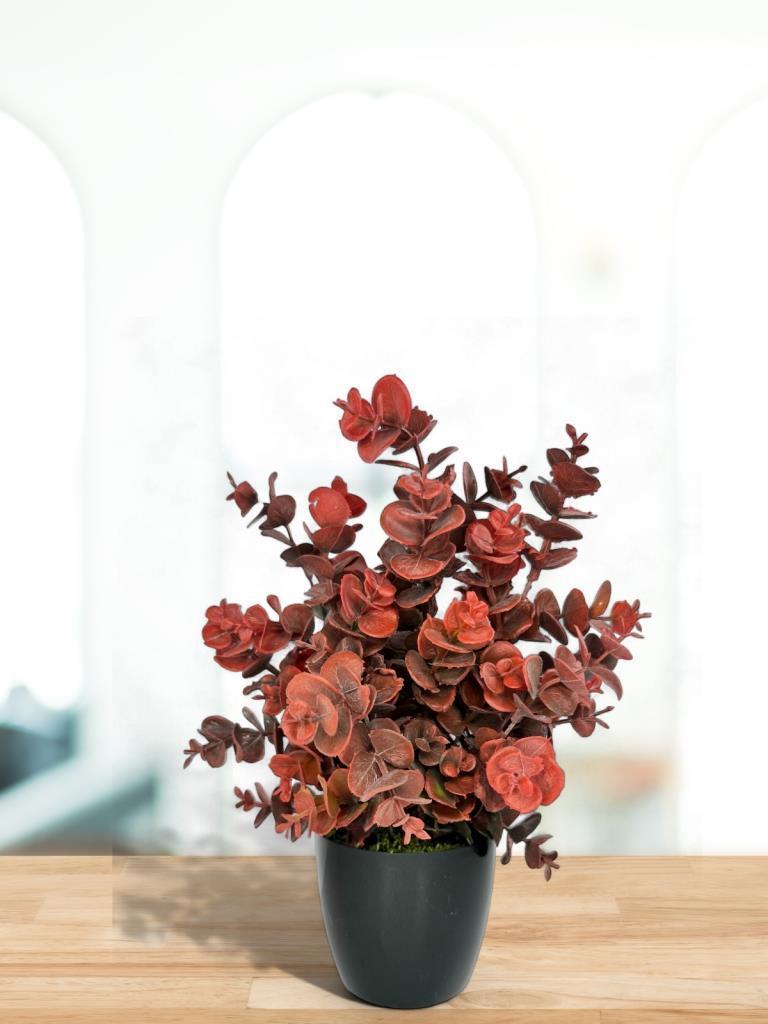 Yapay Çiçek Siyah Saksıda Okaliptus Şimşir Demeti Pudralı Pastel Bordo Dekoratif Yapay Bitki