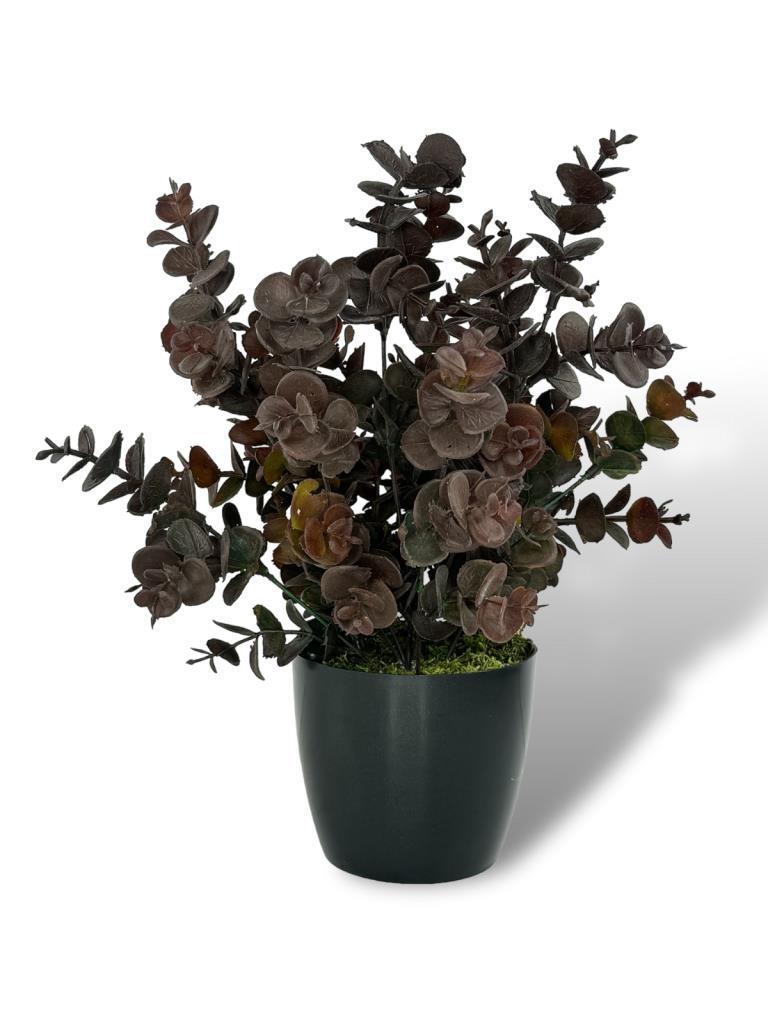 Yapay Çiçek Siyah Saksıda Okaliptus Şimşir Demeti Pudralı Pastel Kahverengi Dekoratif Yapay Bitki