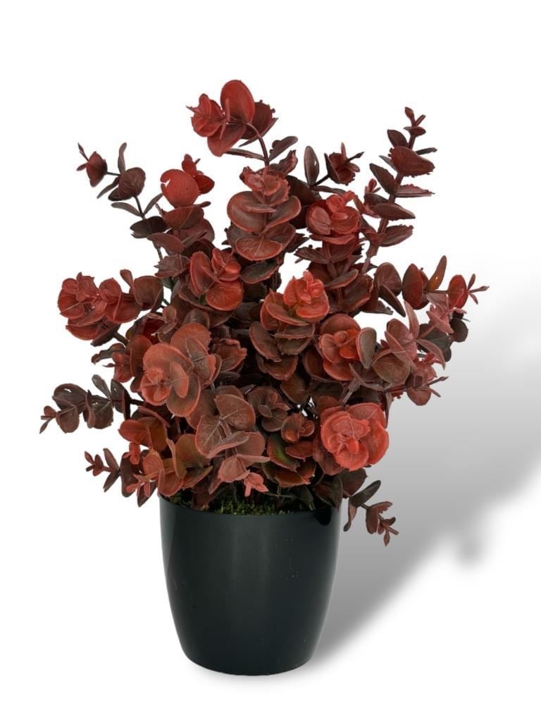 Yapay Çiçek Siyah Saksıda Okaliptus Şimşir Demeti Pudralı Pastel Bordo Dekoratif Yapay Bitki
