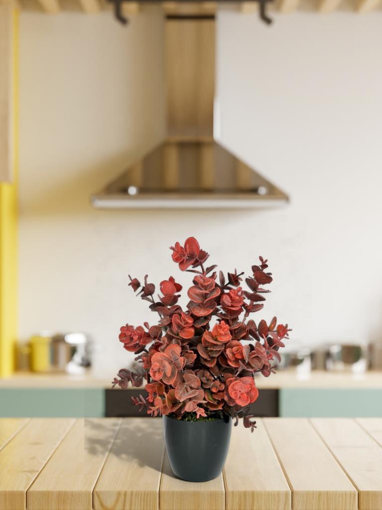 Yapay Çiçek Siyah Saksıda Okaliptus Şimşir Demeti Pudralı Pastel Bordo Dekoratif Yapay Bitki