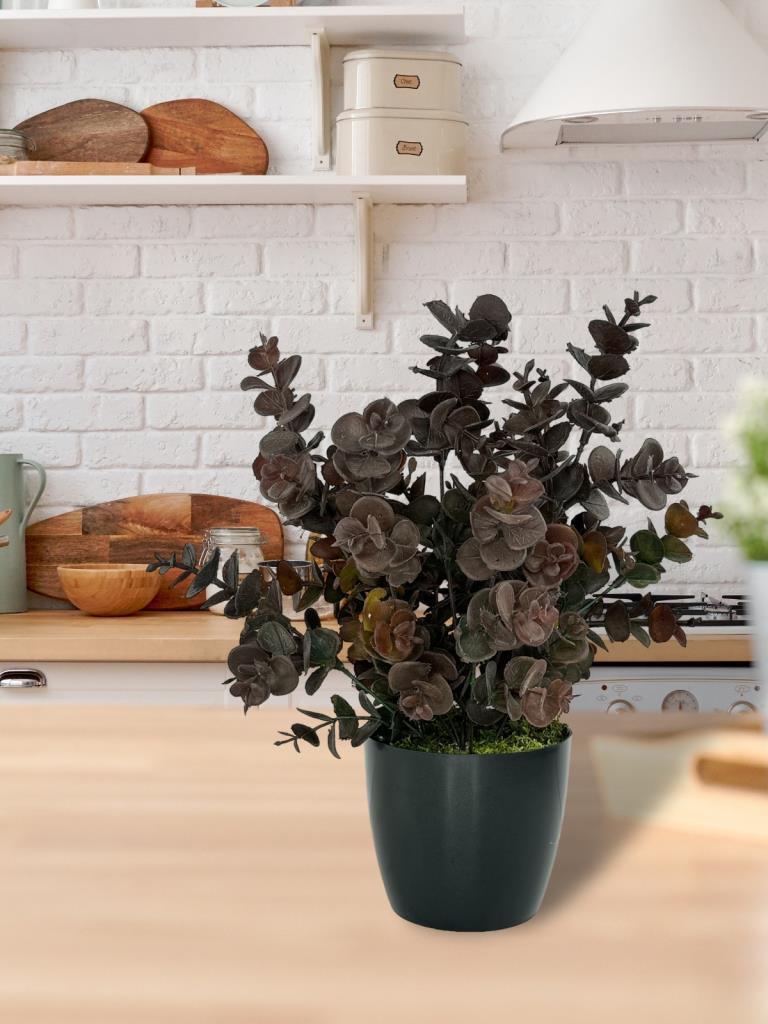 Yapay Çiçek Siyah Saksıda Okaliptus Şimşir Demeti Pudralı Pastel Kahverengi Dekoratif Yapay Bitki