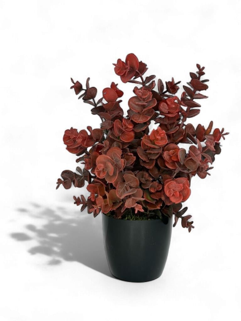 Yapay Çiçek Siyah Saksıda Okaliptus Şimşir Demeti Pudralı Pastel Bordo Dekoratif Yapay Bitki