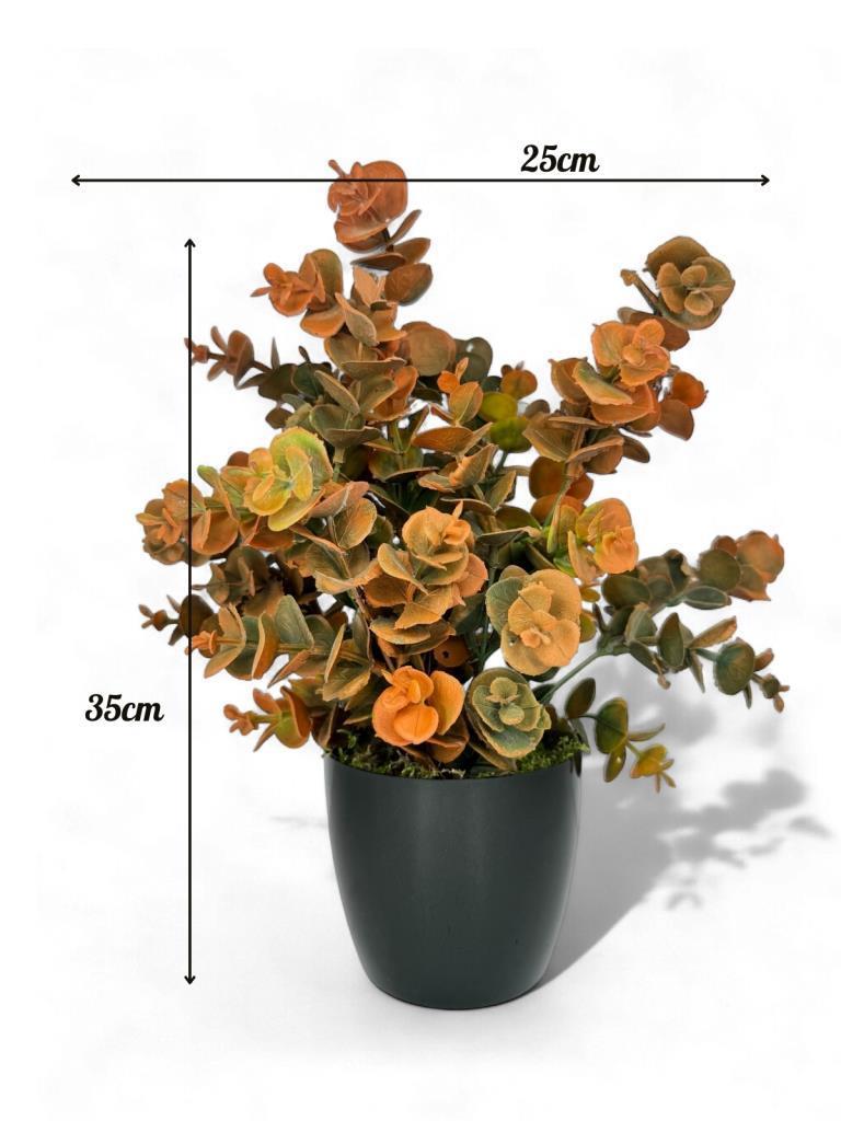 Yapay Çiçek Siyah Saksıda Okaliptus Şimşir Demeti Pudralı Pastel Turuncu Dekoratif Yapay Bitki