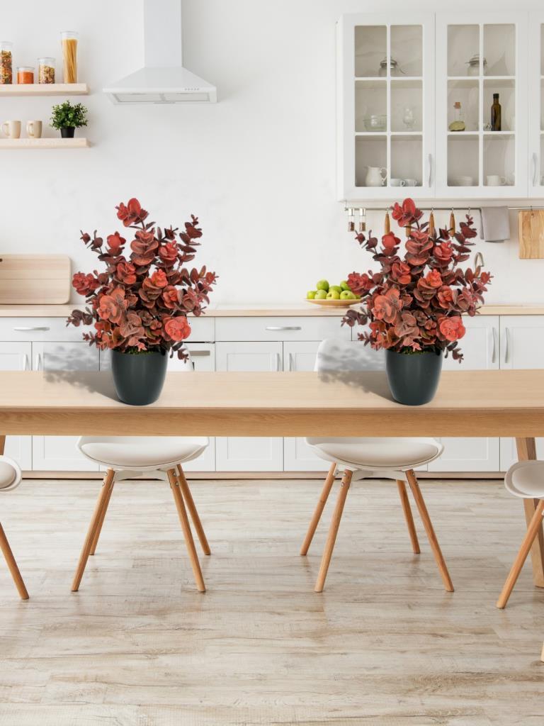 Yapay Çiçek Siyah Saksıda Okaliptus Şimşir Demeti Pudralı Pastel Bordo Dekoratif Yapay Bitki