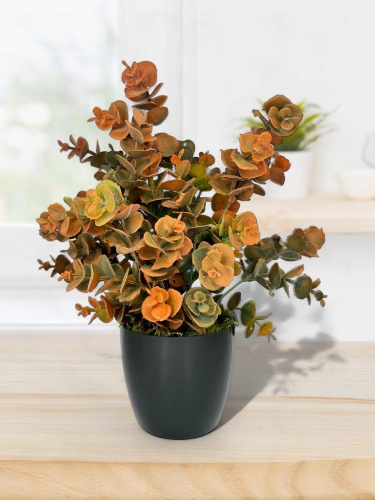 Yapay Çiçek Siyah Saksıda Okaliptus Şimşir Demeti Pudralı Pastel Turuncu Dekoratif Yapay Bitki