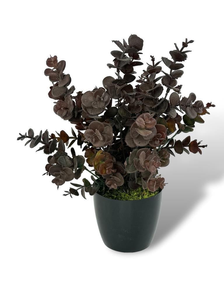 Yapay Çiçek Siyah Saksıda Okaliptus Şimşir Demeti Pudralı Pastel Kahverengi Dekoratif Yapay Bitki