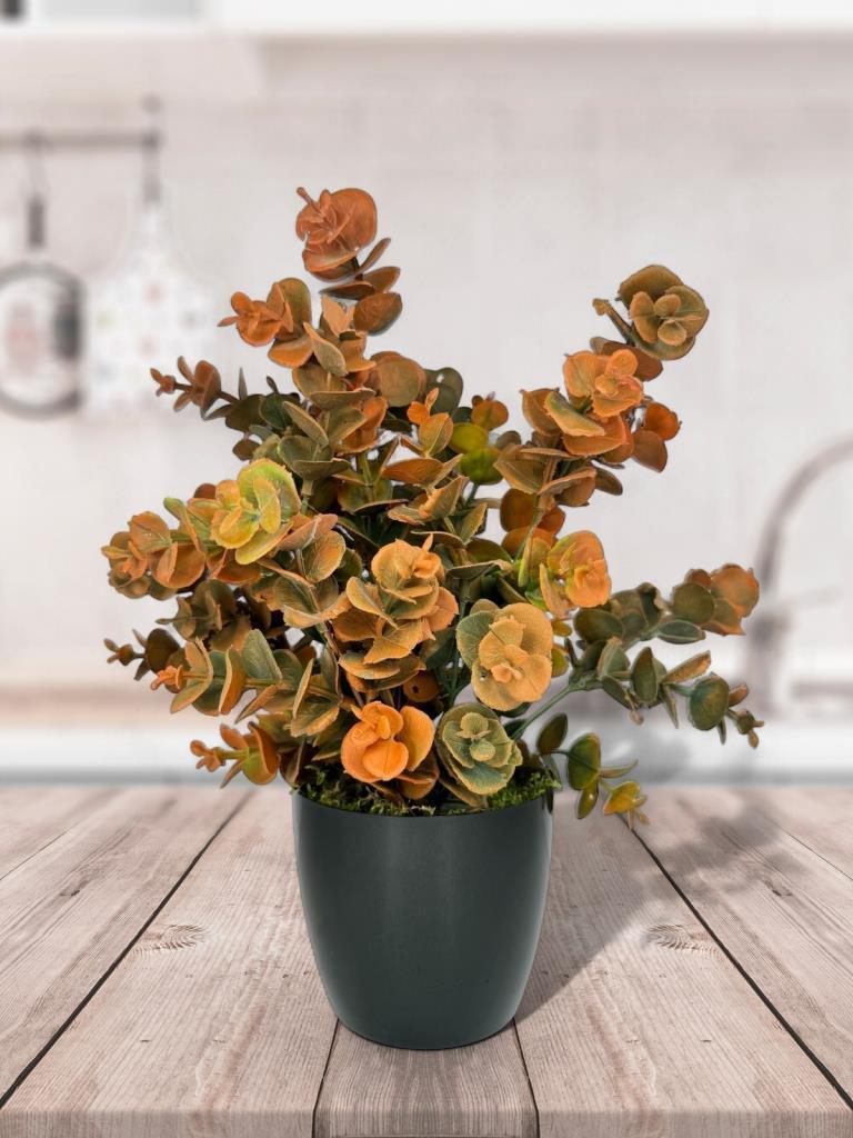 Yapay Çiçek Siyah Saksıda Okaliptus Şimşir Demeti Pudralı Pastel Turuncu Dekoratif Yapay Bitki